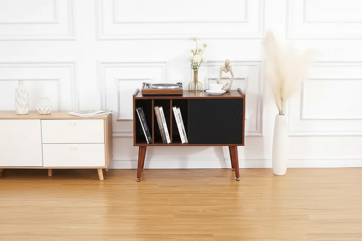 Vinyl Record Storage Cabinet Holds 300 Albums with Charging Ports