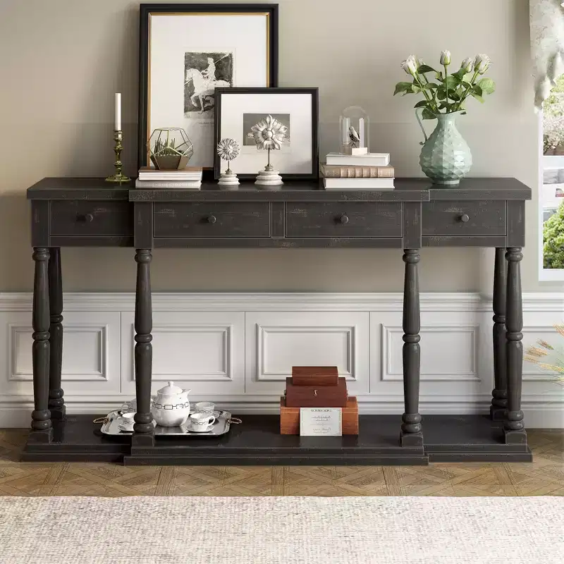 Retro Premium Console Table with 4 Front Storage Drawers and 1 Shelf for Hallway, Living Room - ModernLuxe