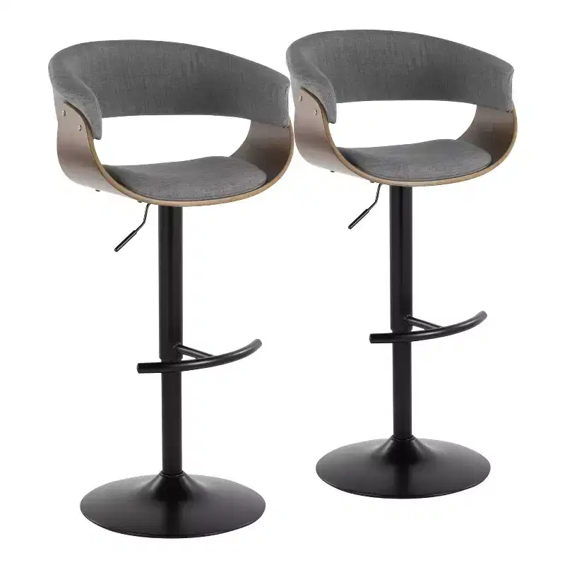 Set of 2 Vintage Modern Adjustable Barstools Black/Walnut/Light Gray - LumiSource: Swivel, Upholstered, Metal Base