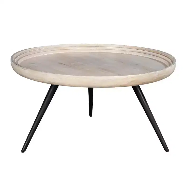 Coffee Table Round Tray Top Handcrafted Washed White Mango Wood, 30 Inch