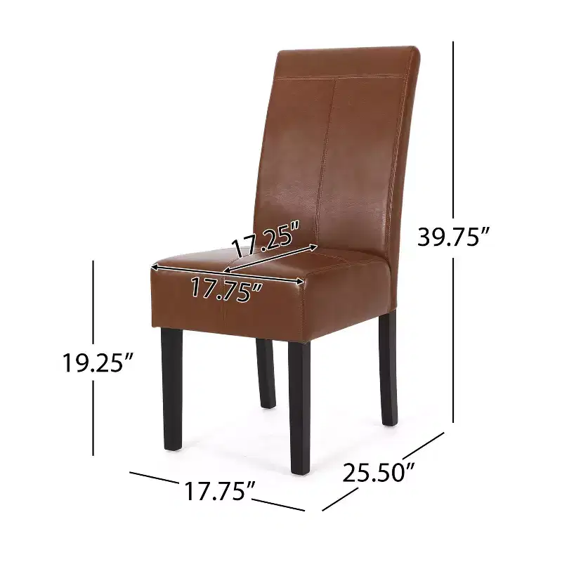Set of 2 Faux Leather T-Stitch High Back Dining Chairs, Cognac Brown & Espresso Wood Legs