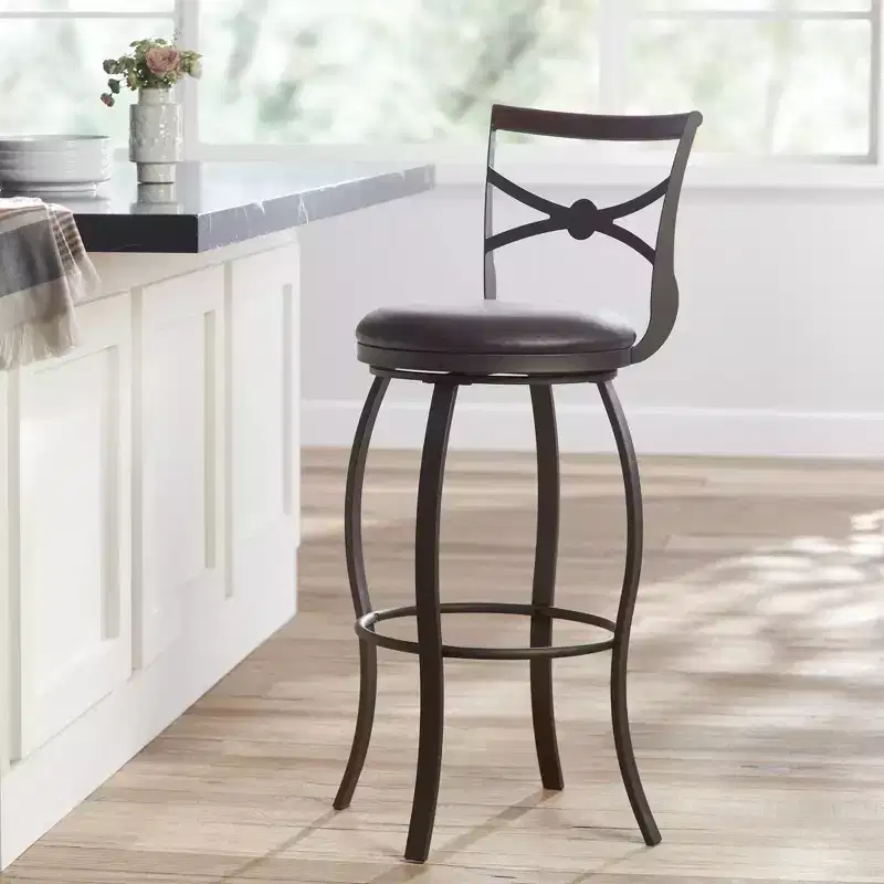Bronze Metal Swivel Bar Stool Brown 25 High Traditional Faux Leather Round Cushion with Backrest Footrest for Kitchen Counter Height