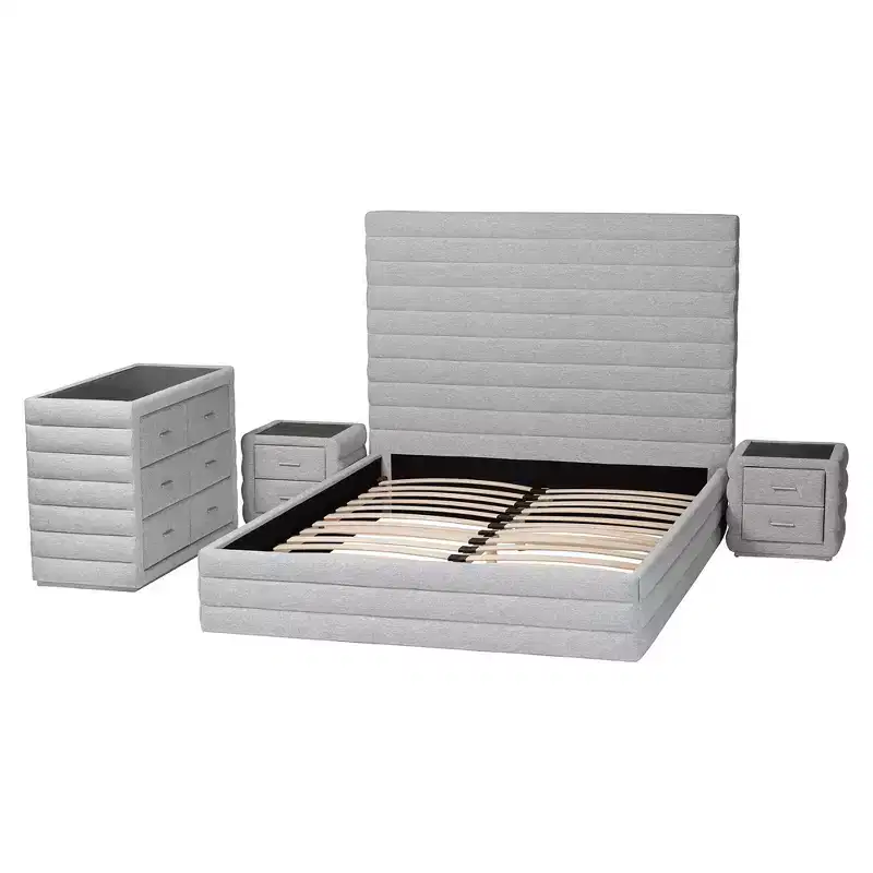 Baxton Studio Cadmus Modern Light Grey Channel-Tufted Fabric 4-Piece Bedroom Set