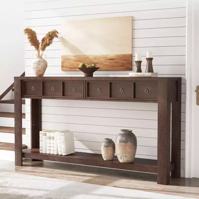 54 Rustic Farmhouse Console Table for Entryway, Long Wooden Sofa Table with 2 Storage Drawers & Open Display Shelf for Hallway & Living Room