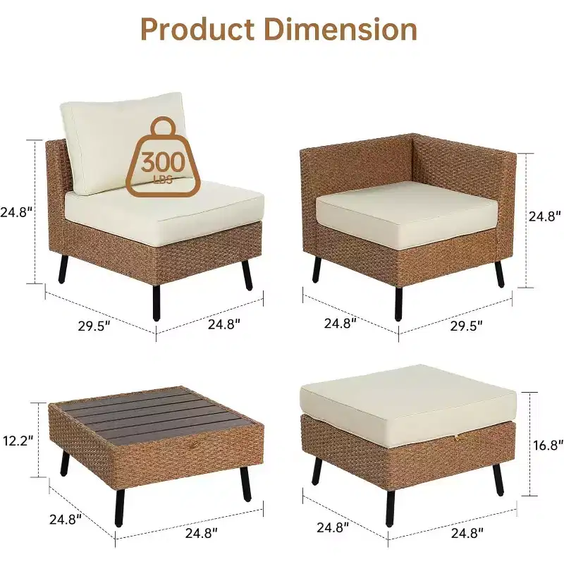 Real Relax 6-Piece Wicker Outdoor Conversation Set, Boho Patio Furniture Set with HDPE Table and Water Resistant Thick Cushions, Beige