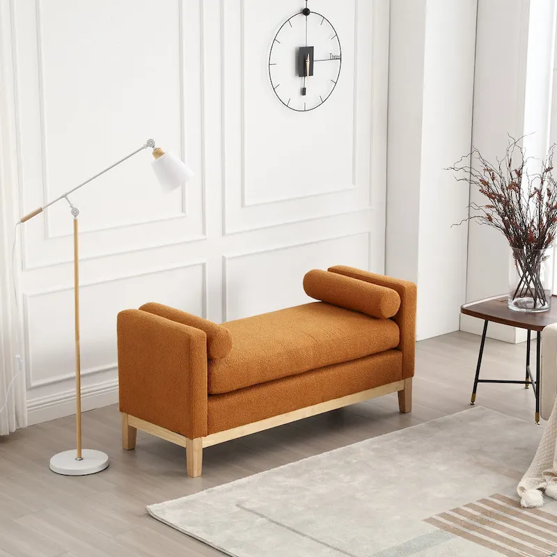 Upholstered Bench Wood Legs and Bolster Pillows