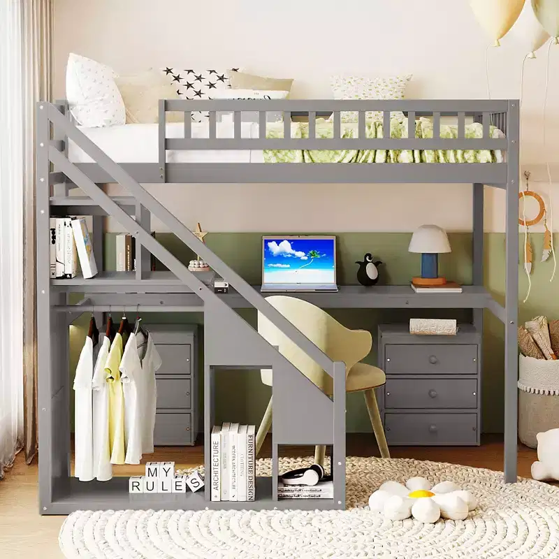 Twin/Full Loft Bed with Desk, LED Light Strip & Two Chest of Drawers - ModernLuxe