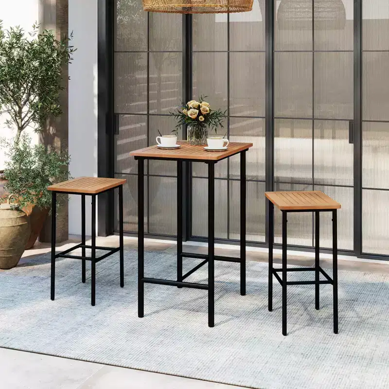 Costway 3 PCS Acacia Wood Patio Bar Set, Outdoor Bar Height with Metal Frame for Balcony