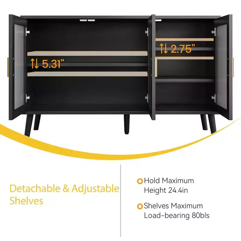GustoWave 48 in Large Black Sideboard Cabinet with 3 Fluted Glass Doors for Kitchen, Dining and Living Room