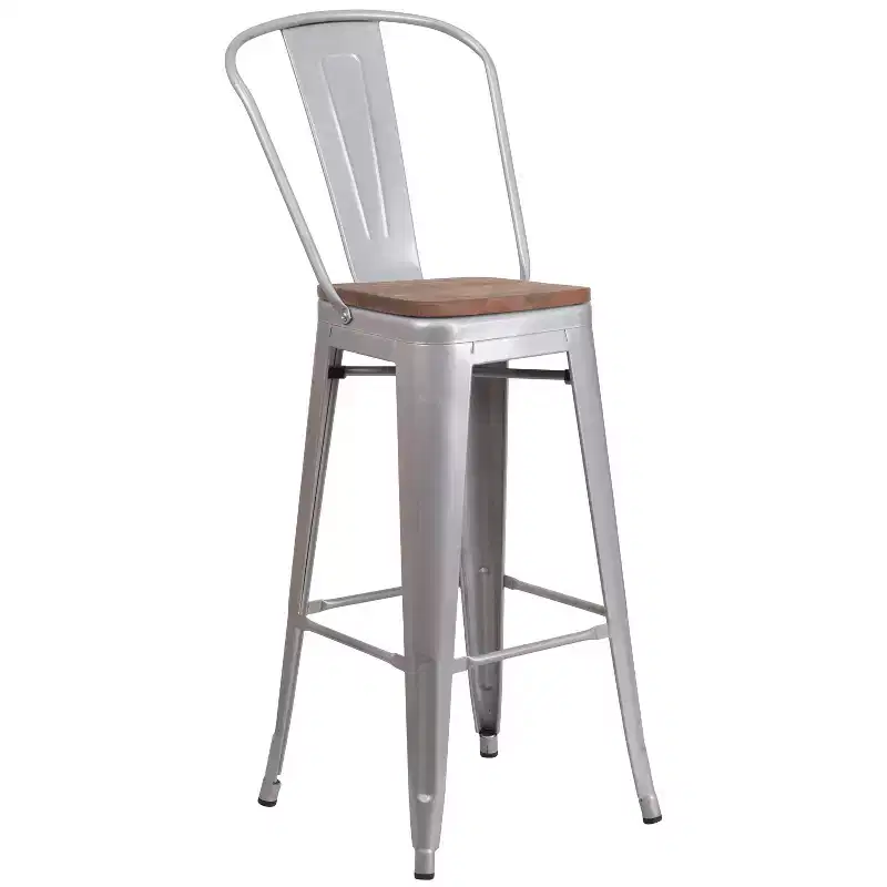 Merrick Lane Metal Dining Stool with Curved Slatted Back and Textured Wood Seat