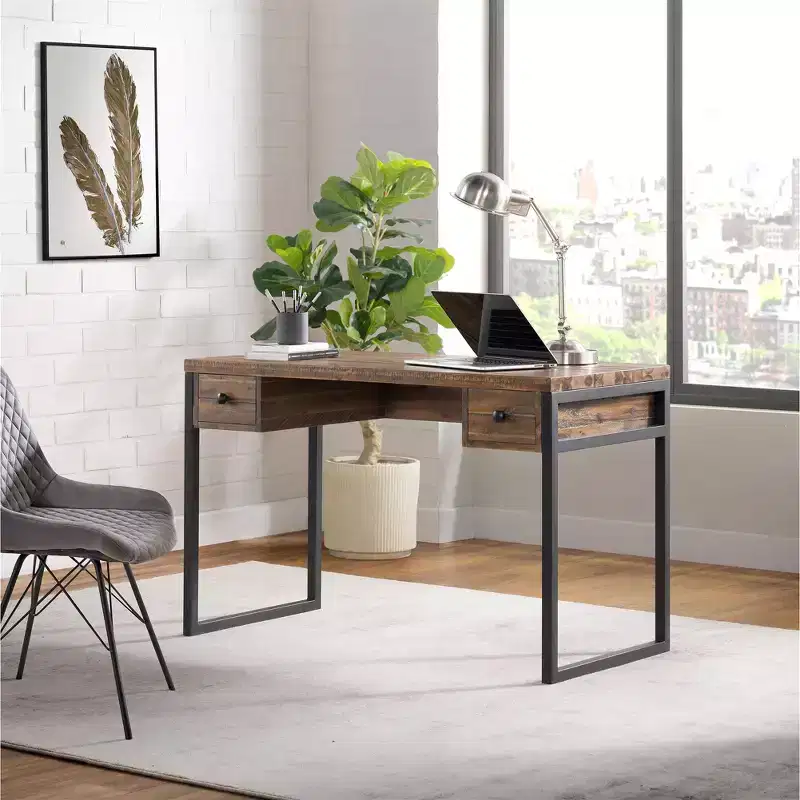 Claremont Rustic Wood and Metal Office Desk, Natural Wood Grain Finish with Two Side Drawers, Ideal for Home Office and Study Room