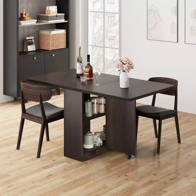 Folding Dining Table, Space Saving Farmhouse Dining Table for 4 Storage Shelf, 6 Wheels Multipose Expandable Kitchen Drop Leaf Table for Small Space