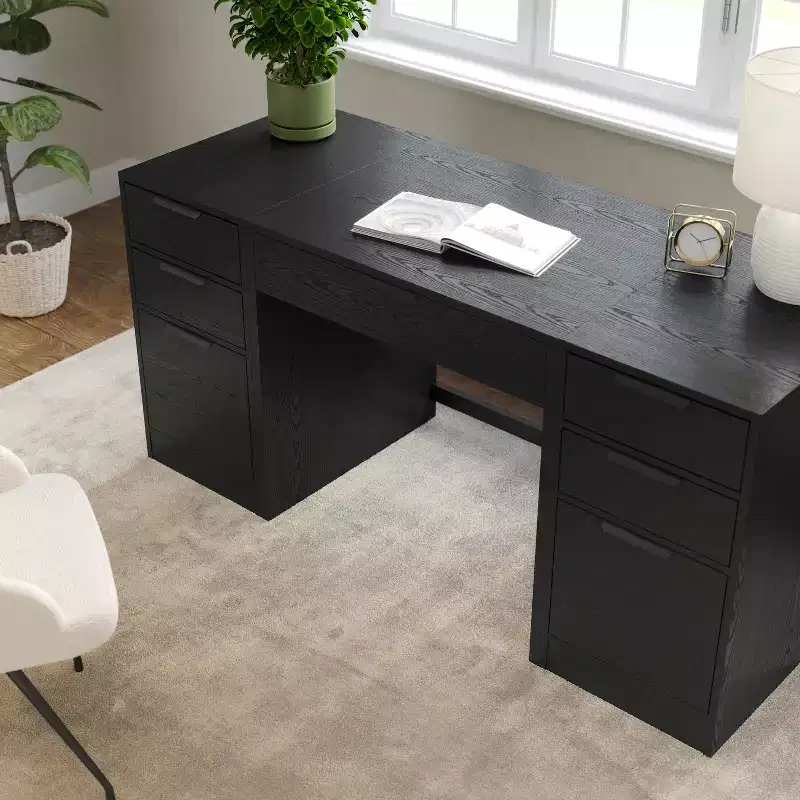 Modular Home Office Desk with Single Drawer & Dual 3-Drawer File Cabinets, Wood Composite