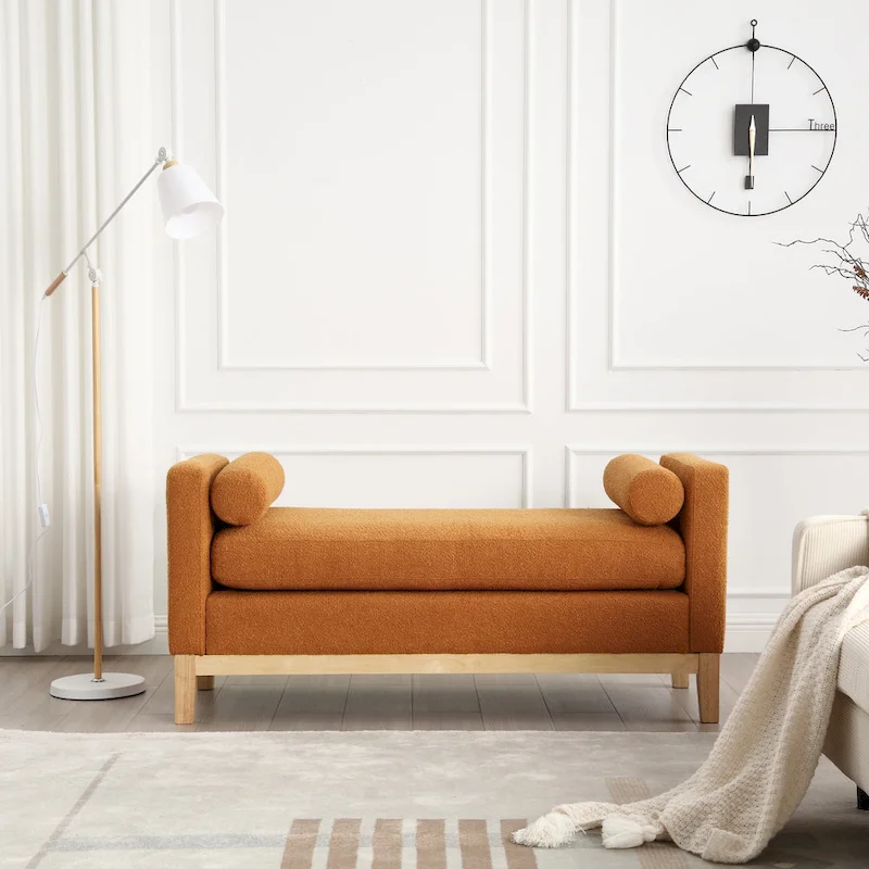 Upholstered Bench Wood Legs and Bolster Pillows