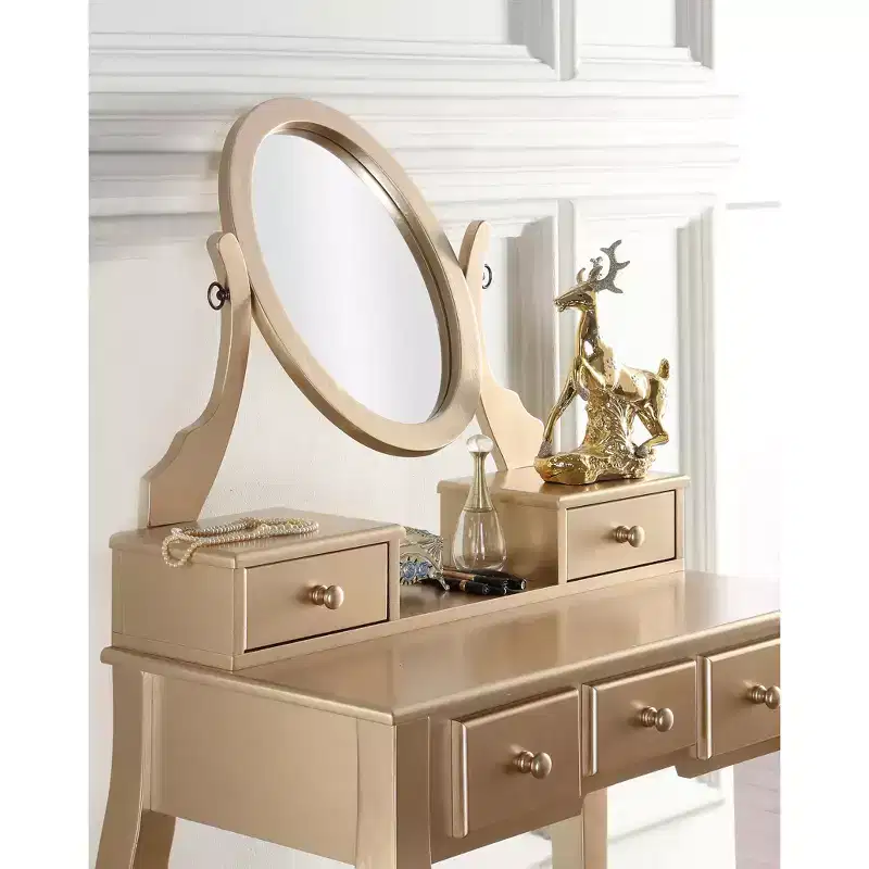 Roundhill Furniture Ashley Wood Makeup Vanity Table and Stool Set, Gold