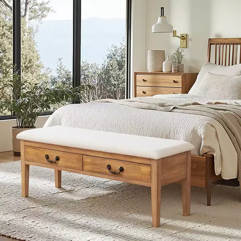 Upholstered Storage Bench with Solid Wood Leg