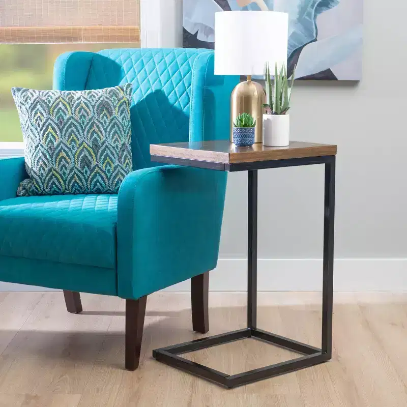Traditional C Style Accent Table Walnut Wood and Hand Distressed Black Metal Frame