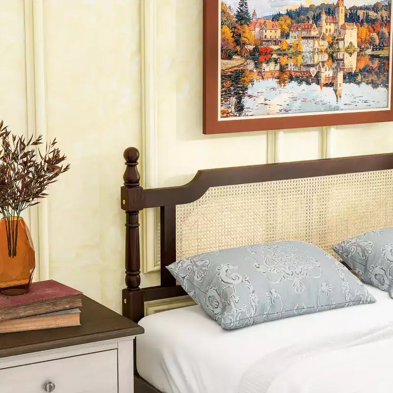 MAYEERTY Full Size Bed with Rattan Headboard, Two Storage Drawers, Rubber Wood Bed Brown