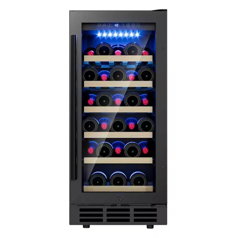 EUHOMY 3.2 cu. ft.(30 Bottles) Wine Fridge, Digital Temperature Control&Wood Shelves, Singel Zone, Stainless Steel, Double-Layer Glass Door, Black