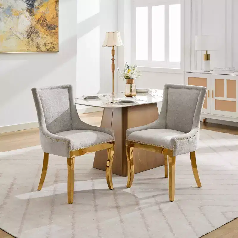 Okak Modern Chenille Dining Chairs Set of 2, Comfy Fabric Chairs with Thick Upholstered, Accent Chairs with Gold - Plated Legs Rivet Trim