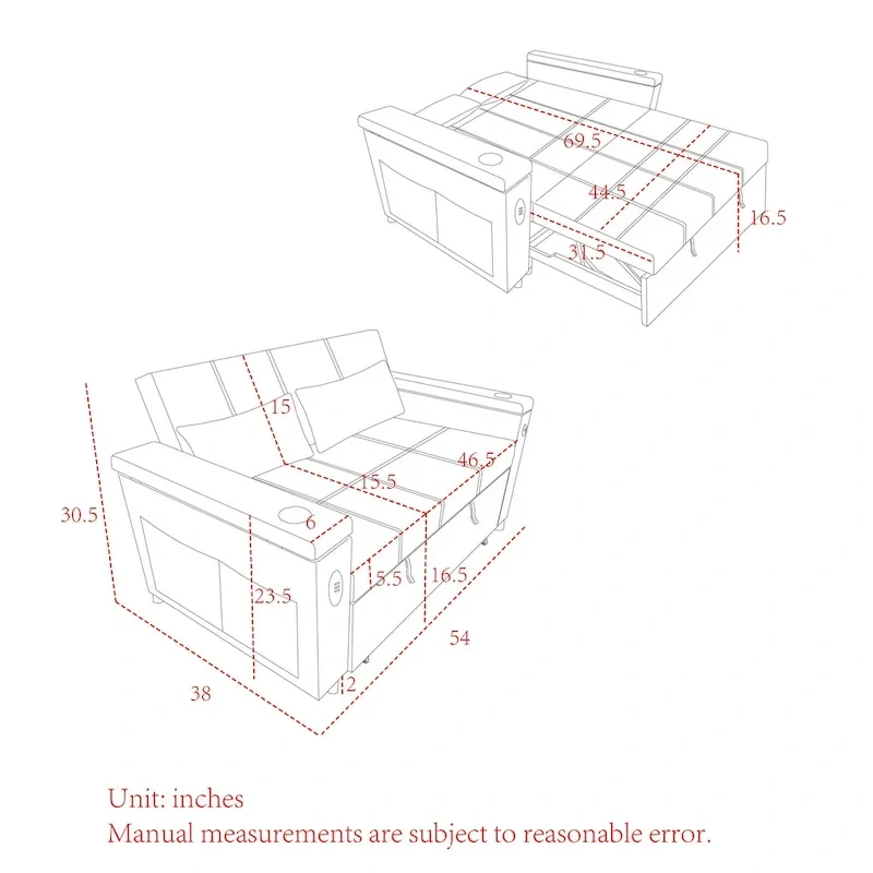 54 Pull-Out Sleeper Sofa Bed Double Seat Recliner Sofa Bed
