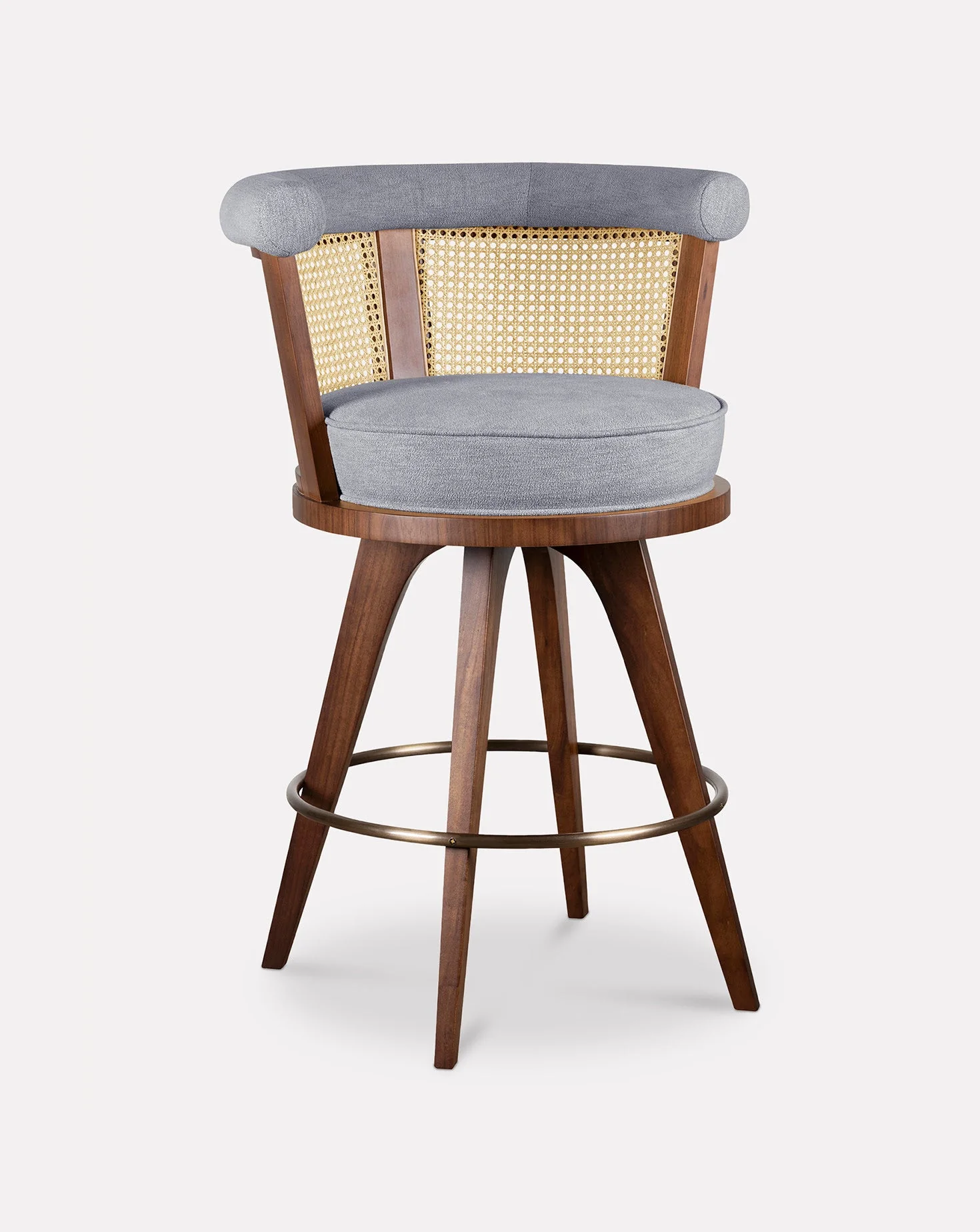 Smoked Walnut Rattan Back Upholstered Bar Chair