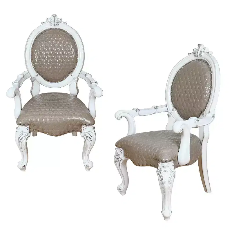 Gray & White Faux Leather King Louis Dining Arm Chair, Set of 2