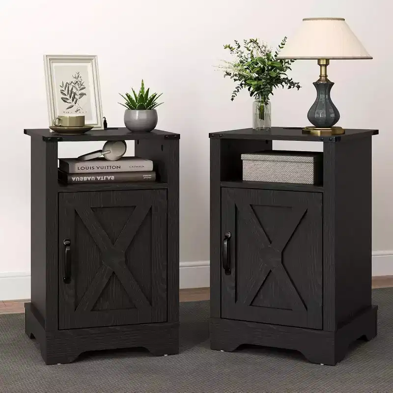 Farmhouse Nightstand with Charging Station, Rustic End Table with Shelf and Storage for Bedroom or Home Office (2 Nightstands), Black