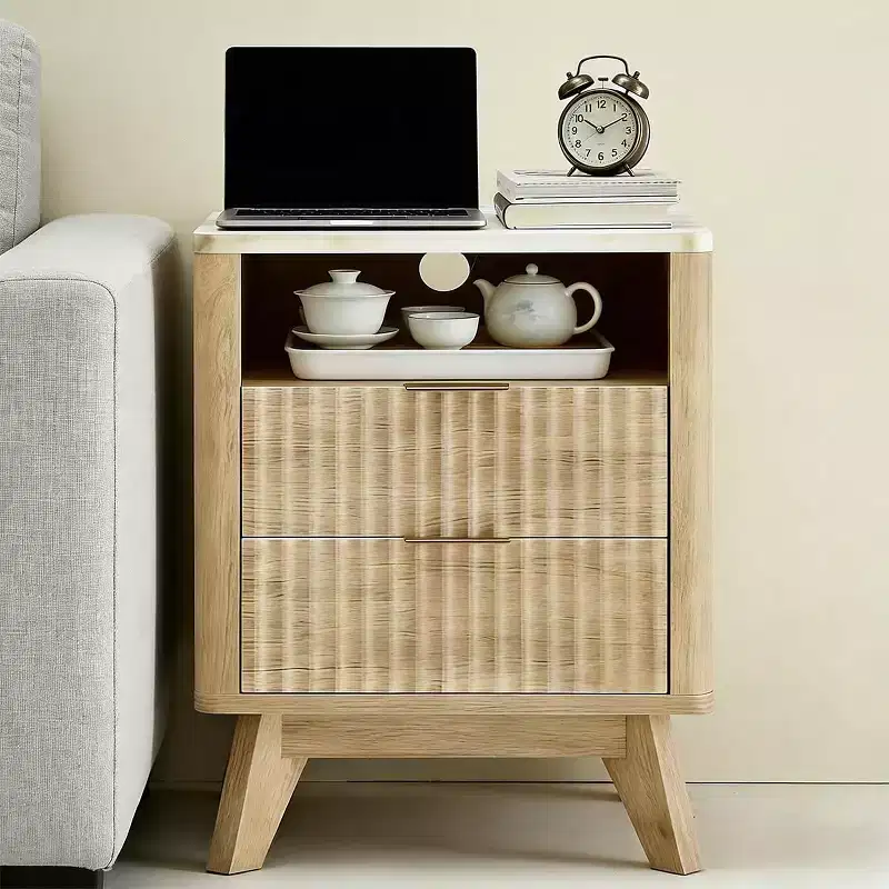 Modern Nightstand with Charging Station | 18 Small Bedside Table with Faux Marble Top & 2 Drawers | Oak Finish Bedroom, Living Room Night Stand