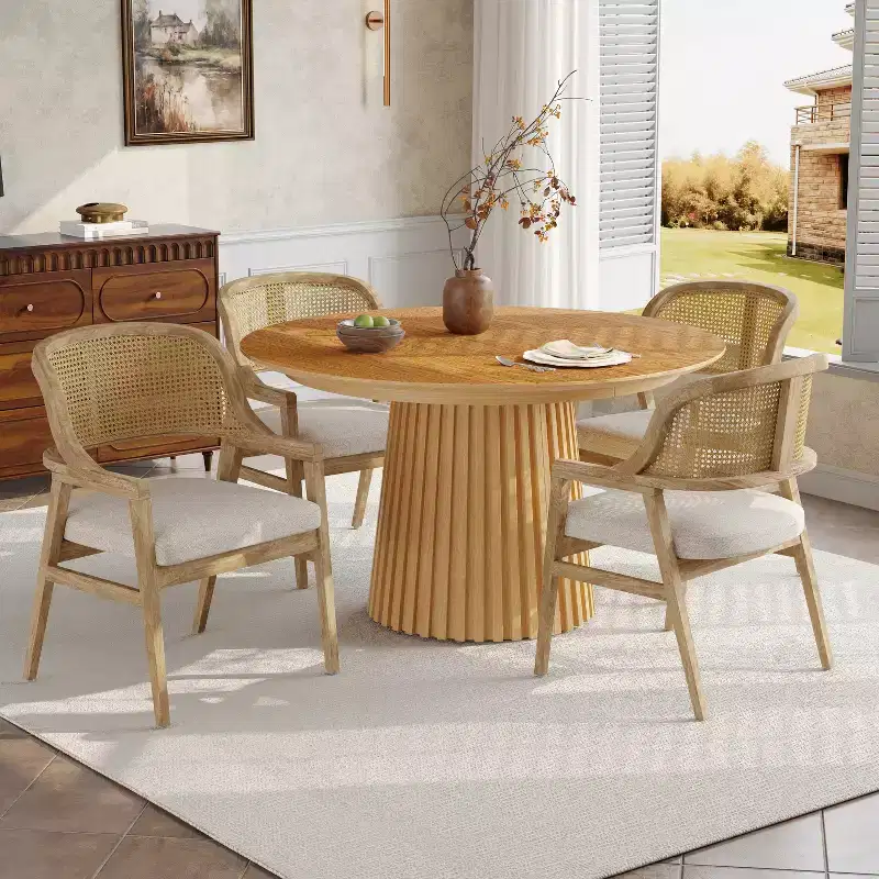 Christopher Knight Home Bennett Mid-Century Modern Wood 5-Piece Extendable Dining Set with Table and 4 Upholstered Cane Back Chairs