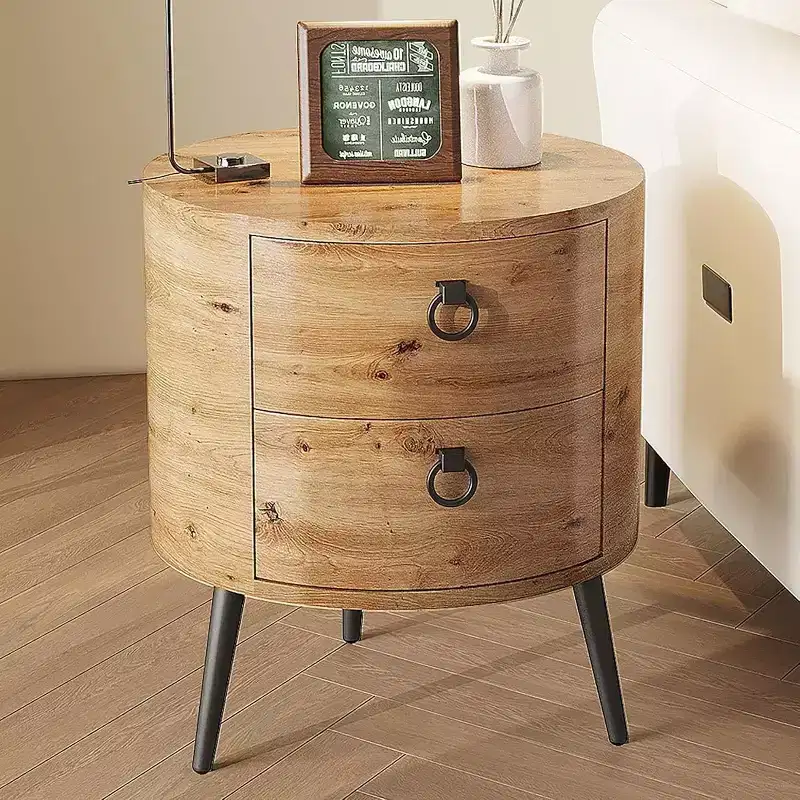 Rustic Round Side Table with 2 Drawers, Mid Century Wooden End Table with Metal Legs for Living Room Bedroom, Natural Wood Color