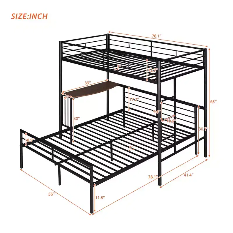 Twin over Full Metal Bunk Bed Frame with Desk, Twin Size Loft Bed with Separate Full Size Lower Bed for Kids