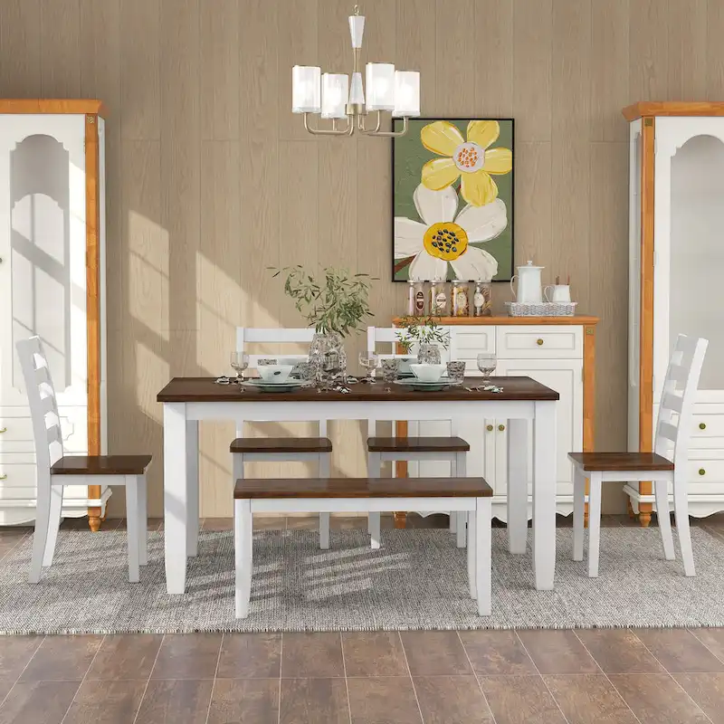 Walnut 6-Piece Wooden Dining Table Set with 4 Ergonomic Chairs & Bench