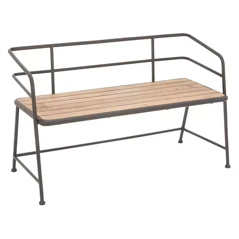 Industrial Wood and Metal Bench with Armrest and Storage