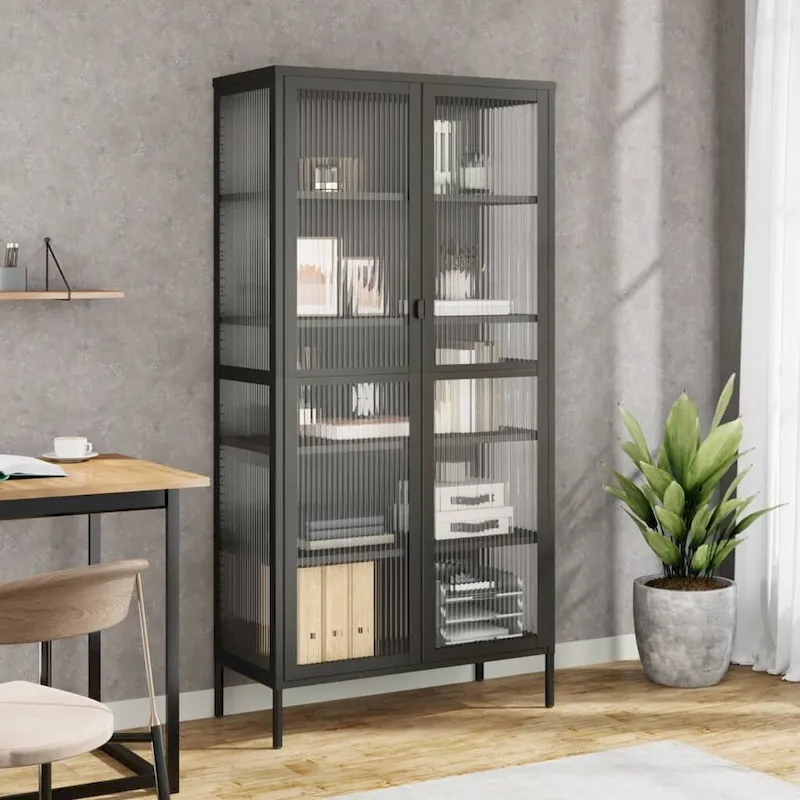 Tall Glass & Steel Highboard with Fluted Doors – 33.5x15.7x70.9, Black