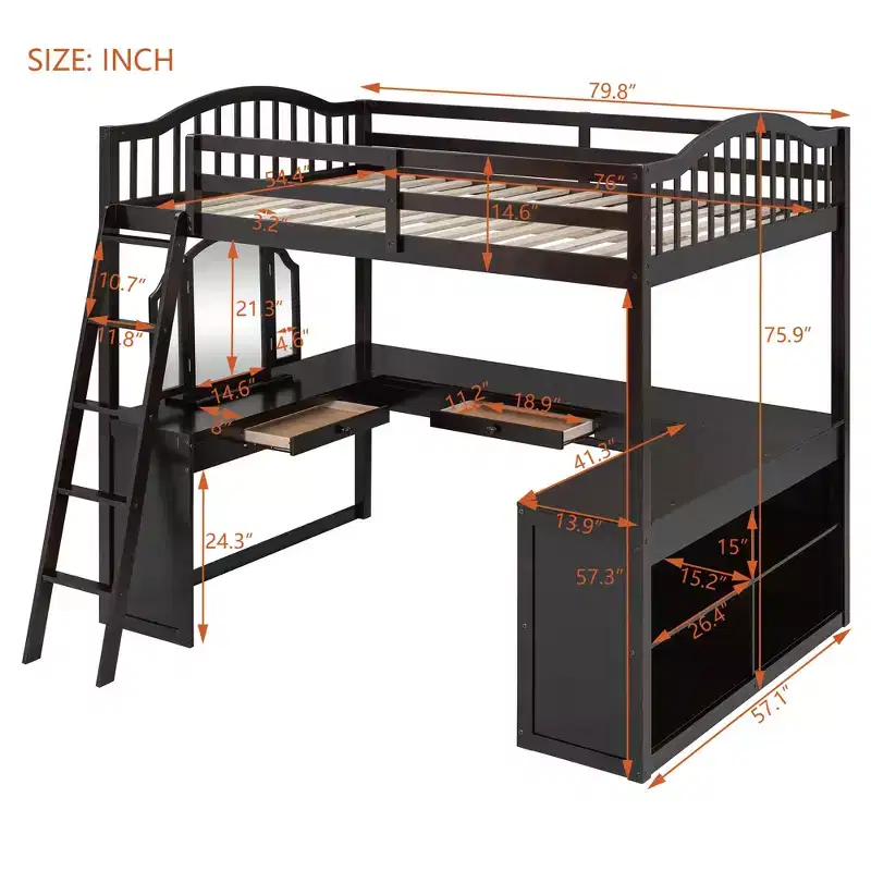 Full Size Loft Bed with Desk, Wood Loft Bed with Drawers & Storage Shelves, High Loft Bed Full with Vanity Mirror for Kids Teens Adults