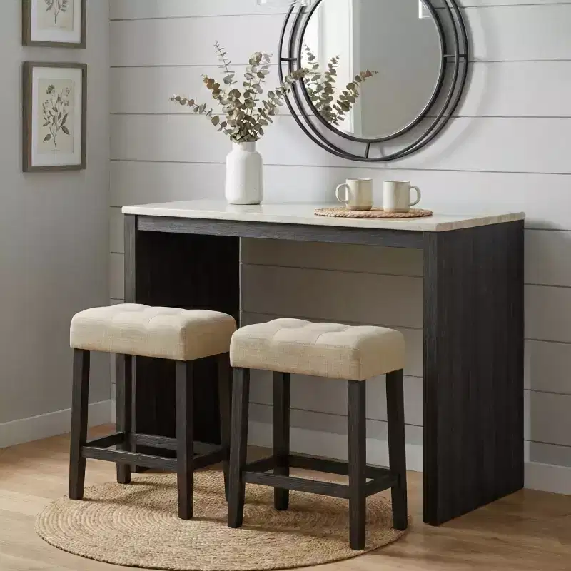 GDFStudio Hudson Transitional Travertine Top Wood 3-Piece Dining Set with Biscuit-Tufted Upholstered Stools