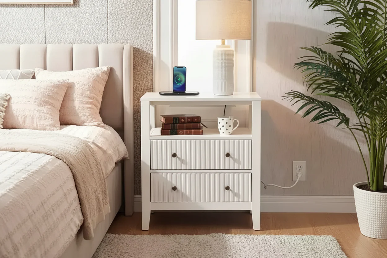 Fluted Nightstand with Charging Station