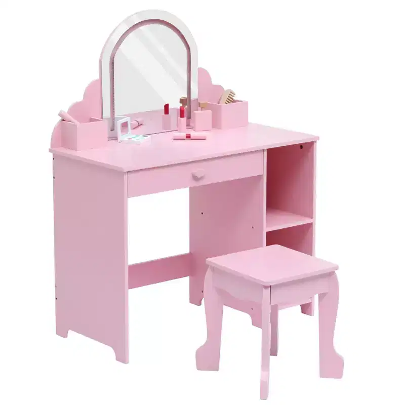 Kids Vanity Table and Stool Set with Lighted Mirror, Drawer and Open Shelves for Girls Ages 3 and Up