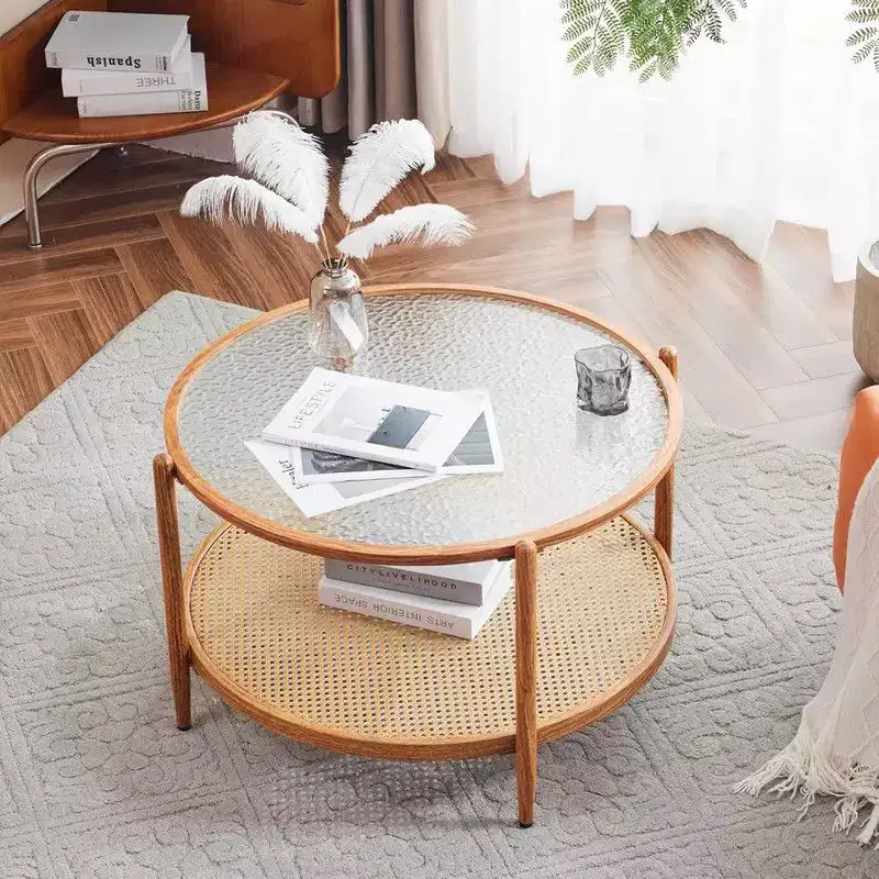 Double-Layered Round Water Ripple Glass and PE Rattan Tabletop Matched with Heat Transfer Wood Grain Iron Frame Coffee Table