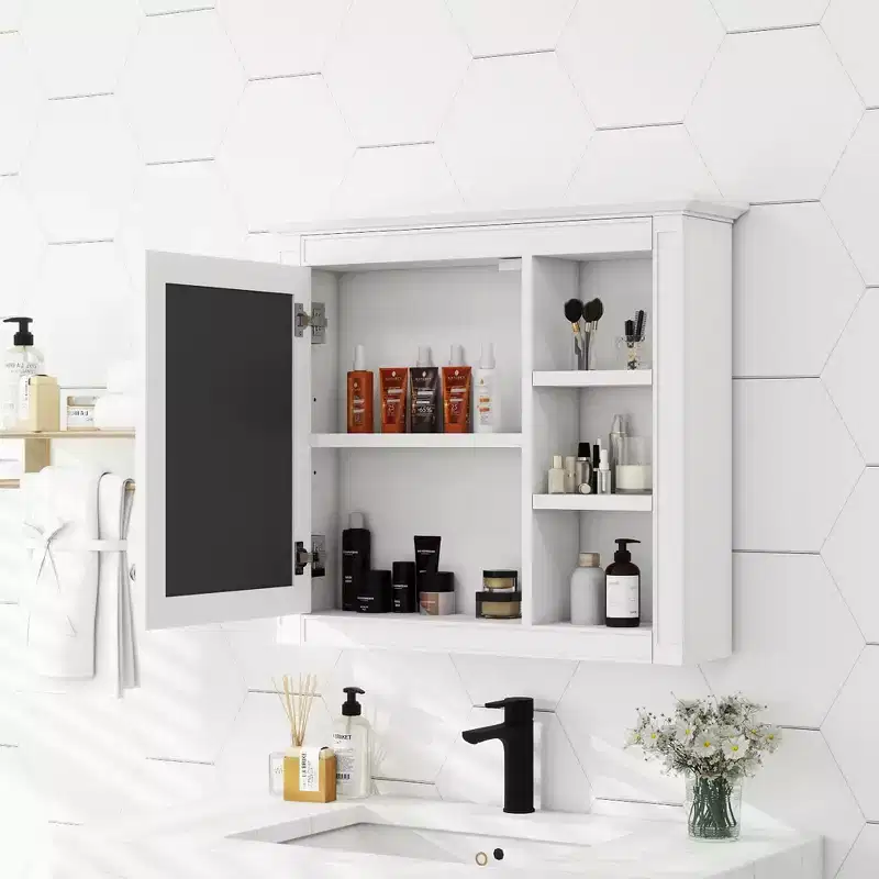 MAYEERTY 28 Medicine Cabinet, Wall Mounted Bathroom Storage Cabinet with Mirror 3 Open Shelves Modern White