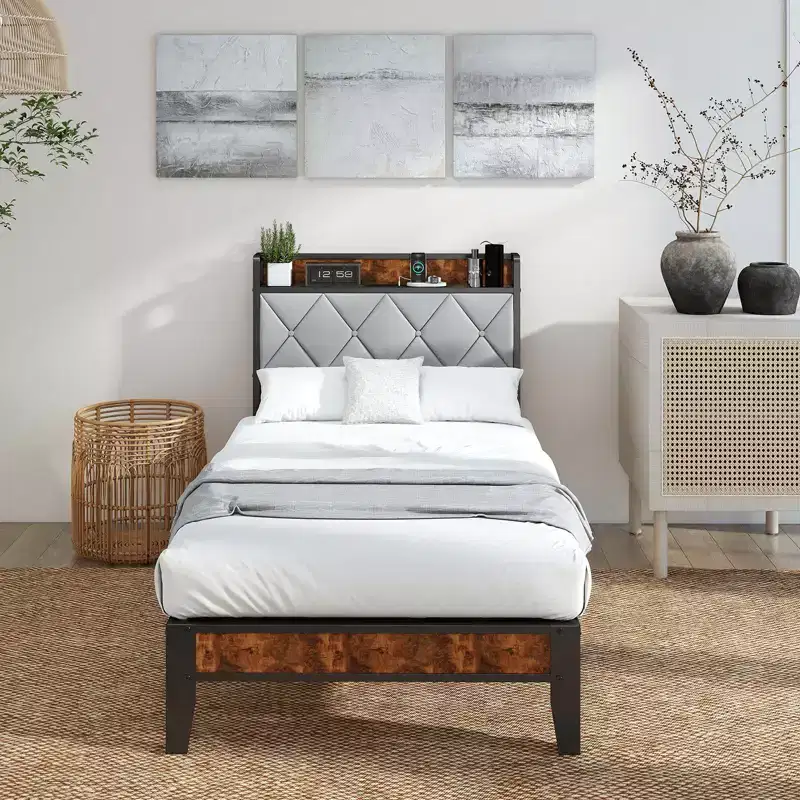 Upholstered Noise-Free Platform Bed with Headboard Shelf Easy Assembly No Box Spring Needed