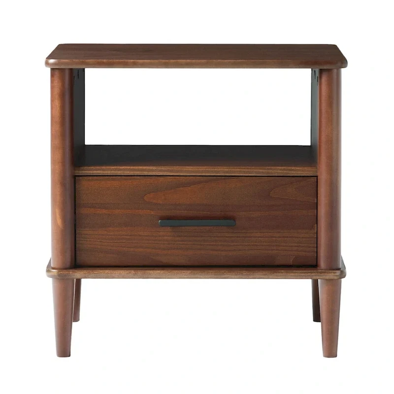 Spindle Nightstand with 1 Drawer & Open Cubby – Brown / Walnut, Solid Pine, Transitional Style, Single