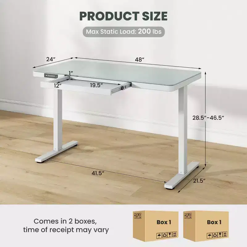 Costway 48 x 24 Whole-Piece Glass Standing Desk w/Drawers Writable Tempered Glass Top Black/White