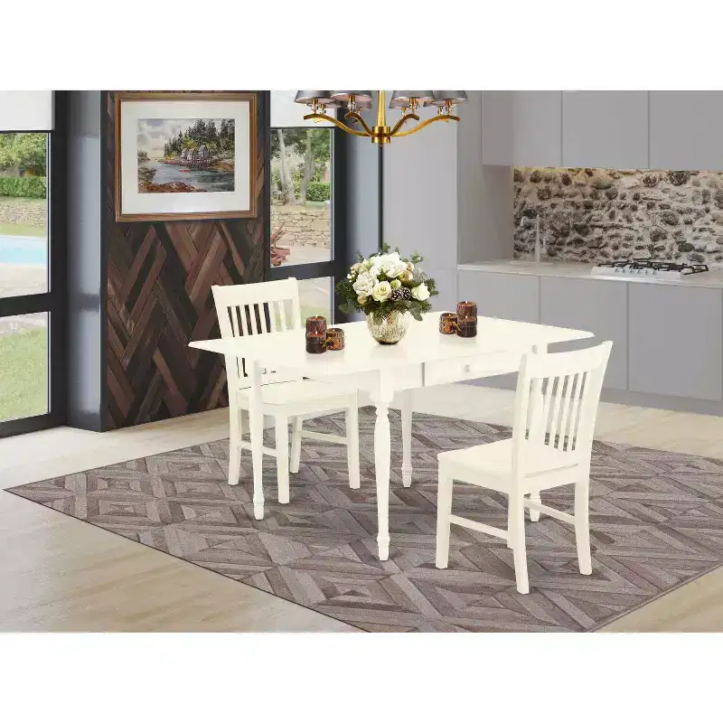 HomeStock 3-Pc Linen White Finish Rectangular Solid Wood Top with Dropleaf Dining Table Set