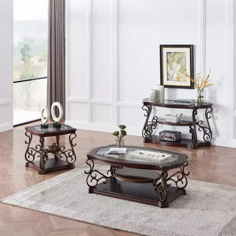 GDFStudio Shirley Traditional 2-Tier Glass and Wood Console Table with Marble Shelf