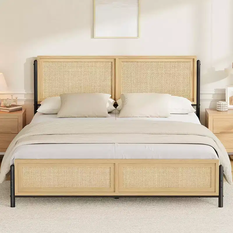 King Size Bed Frame with Rattan Headboard & Footboard, Boho Wooden Platform Bed, No Box Spring Needed, Noise-Free
