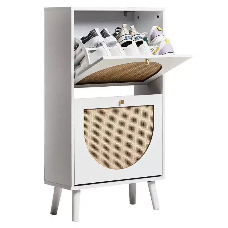 White 2-Door Flip Shoe Cabinet with Rattan Front, Holds 12 Pairs