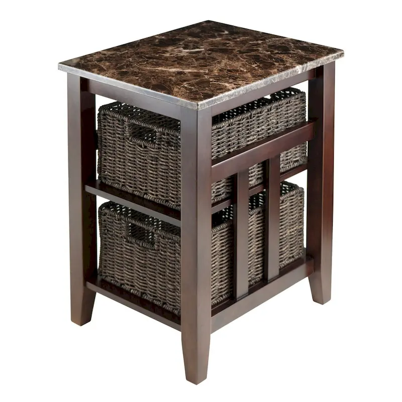 Accent Table with 2 Foldable Corn Husk Baskets – Faux Marble Top, Dark Chocolate & Walnut, 16.5x20x25