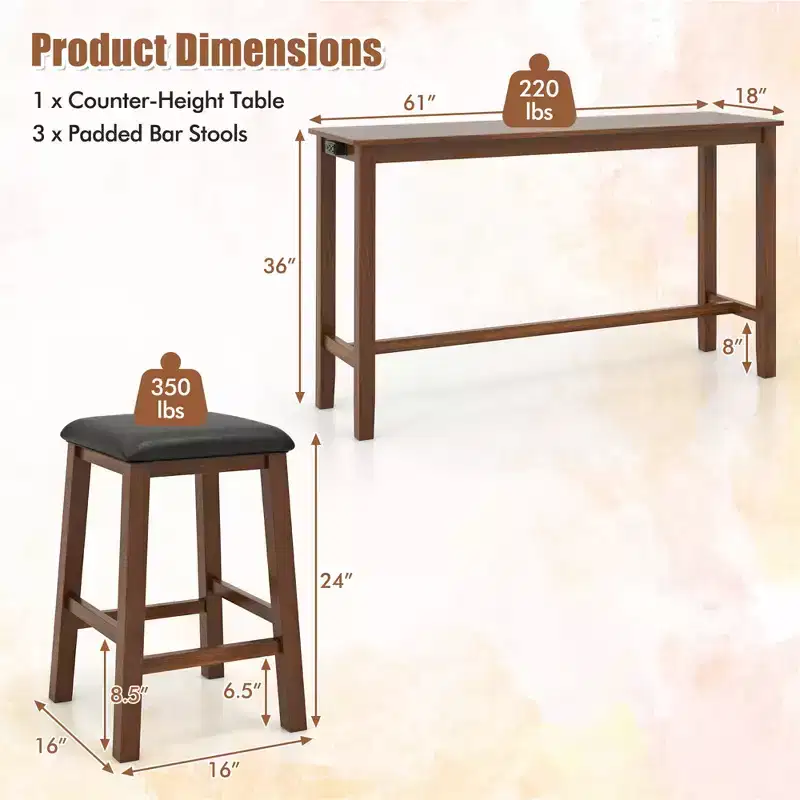 Costway 4-Piece Bar Table Set w/ Power Outlet Counter-Height Table & 3 Bar Stools